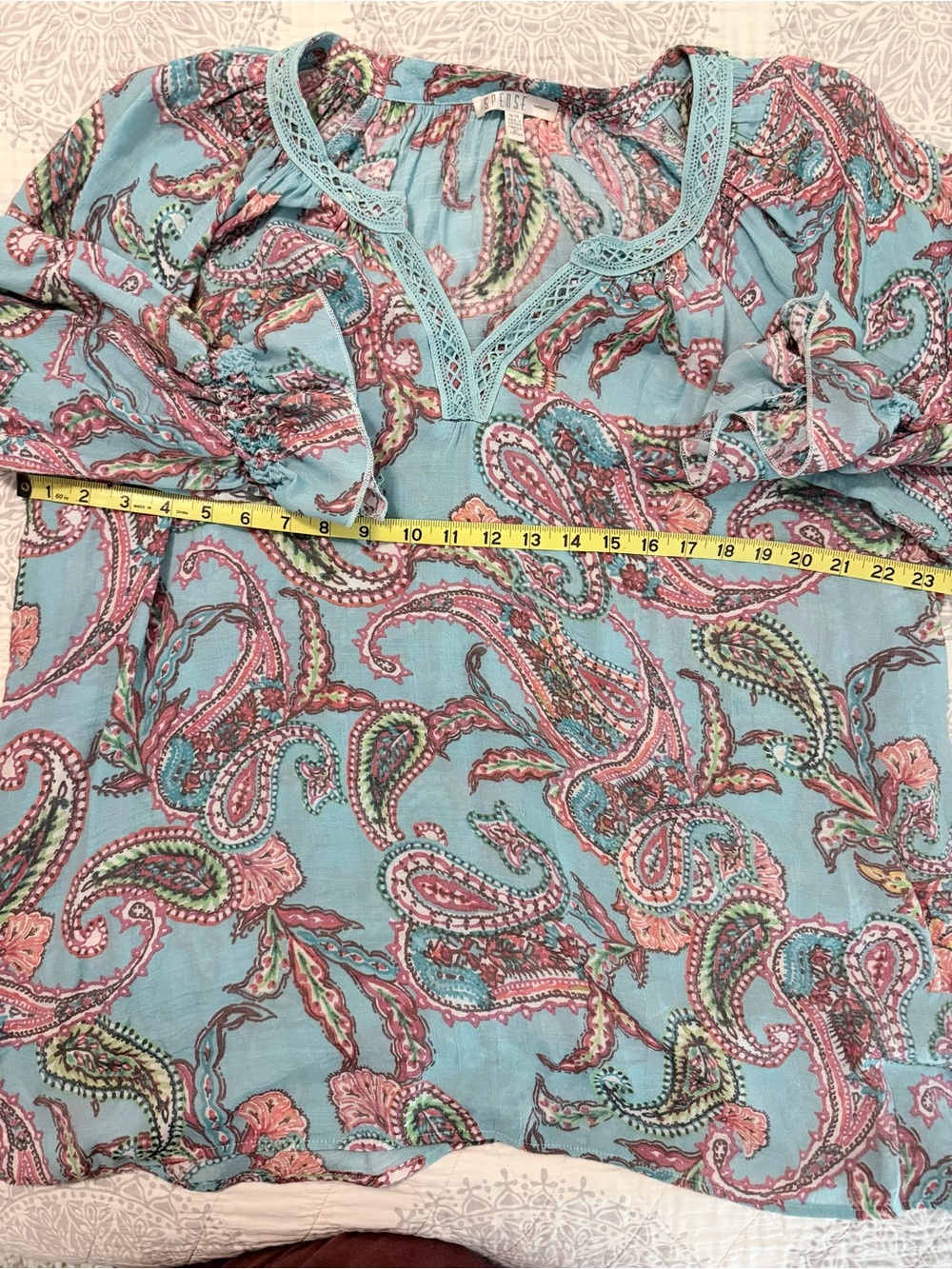 Blue Paisley Peasant Blouse with Pink Accents